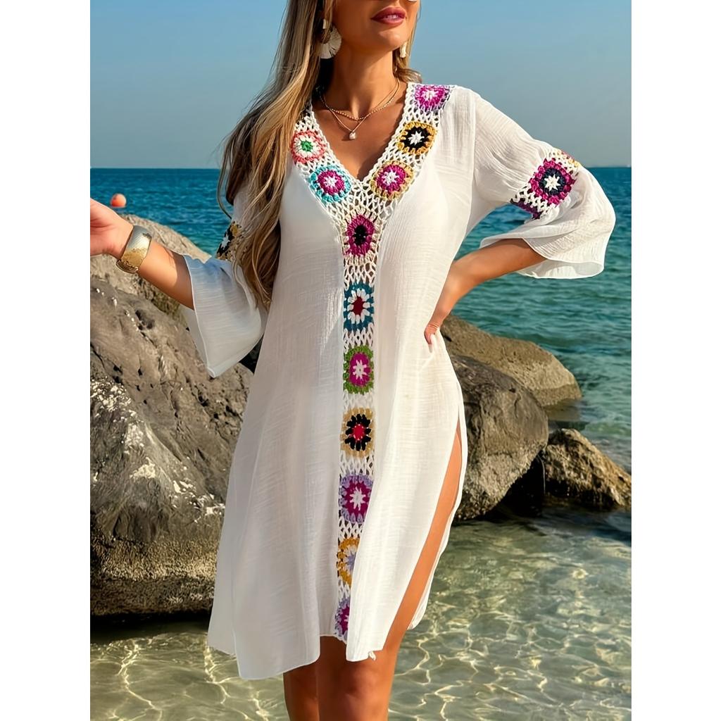 Women's Hand Crochet Patchwork Slit Maxi Dress Sexy Long Beach Cover Up Robe Popular Crossbody Style for Europe America