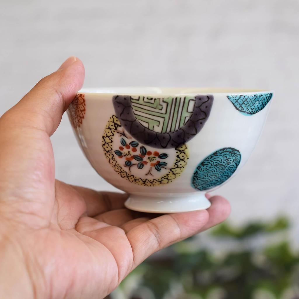 Waza no Kura Stylish Kutani Ware Rice Bowl - Colorful Round Pattern Ceramic Tea Bowl - High-End Brand Japanese Tableware - Made in Japan - Perfect Gif