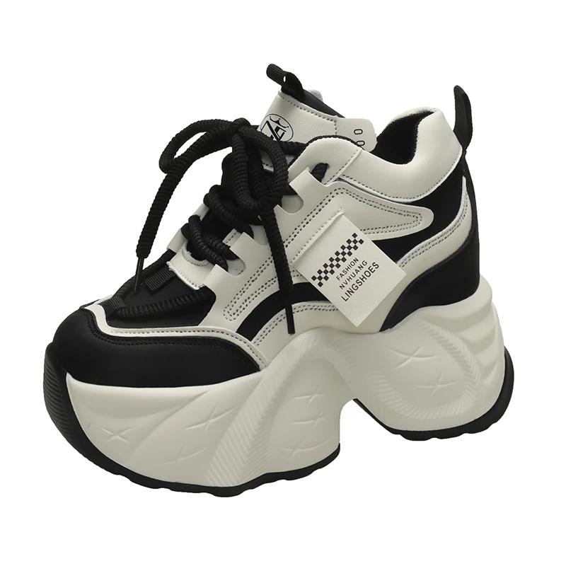 

Женские кроссовки на высокой платформе 10 см, весна-осень, удобная обувь для отдыха на открытом воздухе, повседневная обувь из кожи с толстой подошвой, массивные кроссовки для папы 34 чёрный