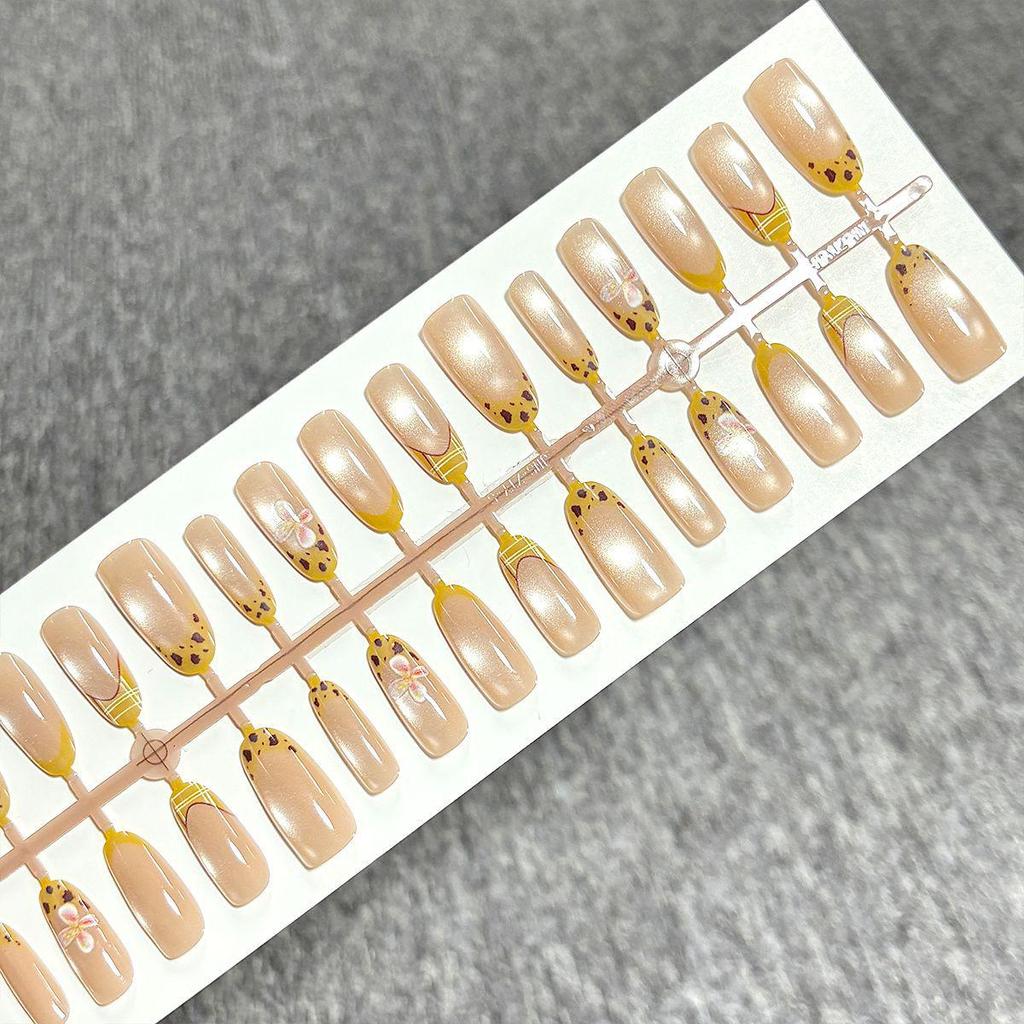 Korean Style Retro Yellow Leopard & Floral Press-On Nails - Sweet Clear Nude Fake Fingernail Stickers
