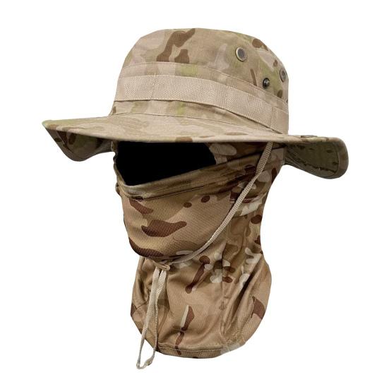 Camouflage Sonnenhut mit Sturmhaube Gesichtsmaske, UV-Schutz Herren Hut mit breiter Krempe, Atmungsaktiver Fischerhut für Outdoor Angeln Wandern Radfahren