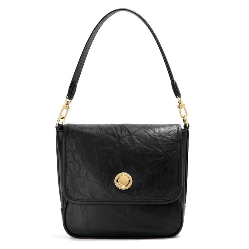 2026 new one-shoulder underarm bag, first-layer cowhide hand-scratched women's niche high-end pleated retro tote bag
