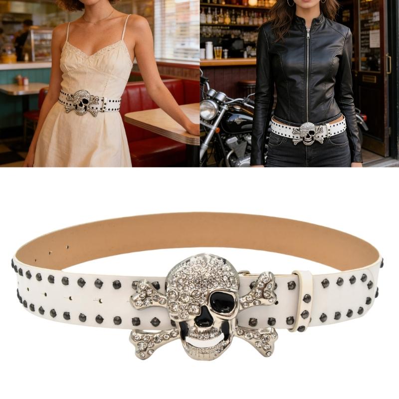 Punk Totenkopf Strass Nietenbesetzter Gürtel Für Männer Frauen Gothic Modeaccessoire mit Verstellbaren Schnallen