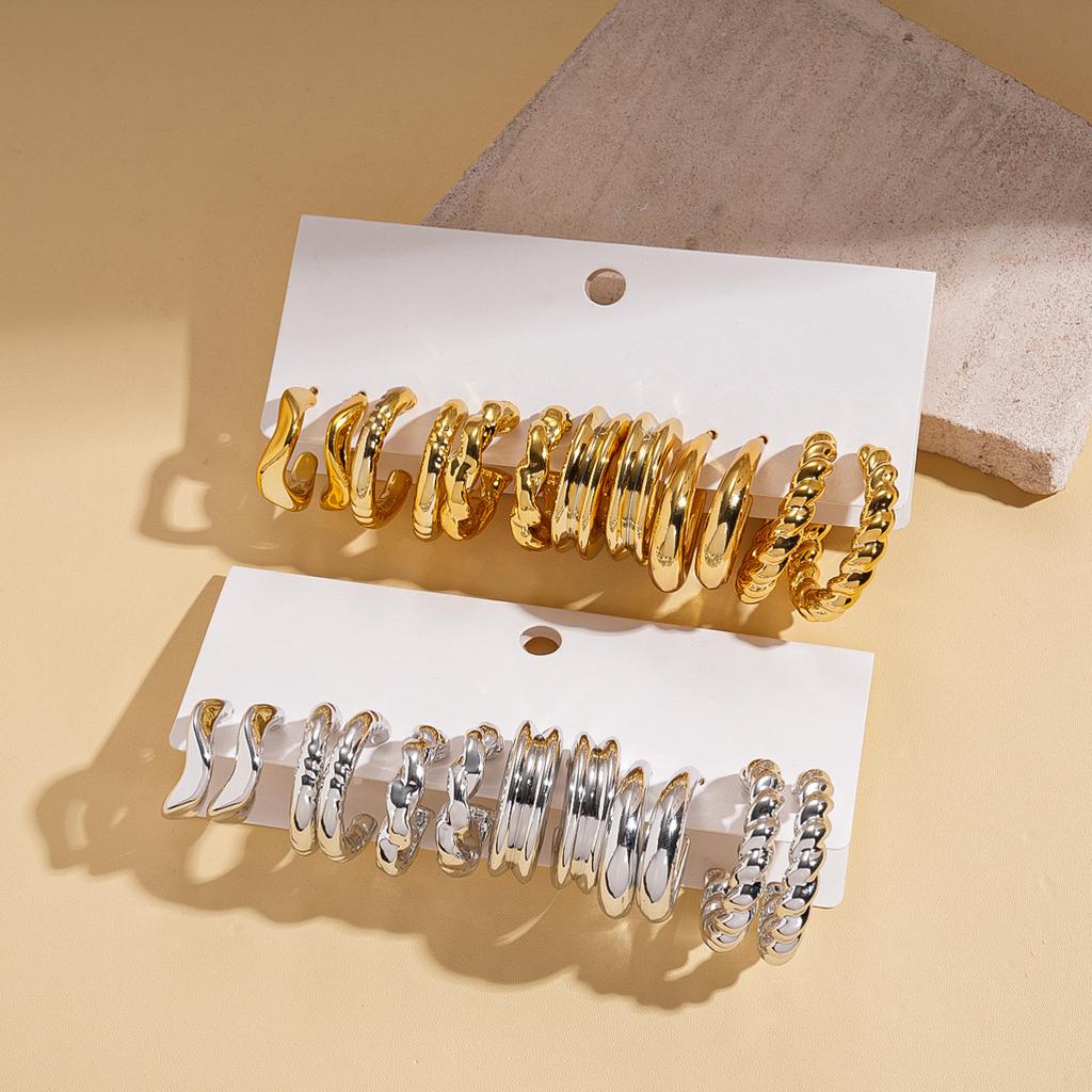 Twelve-piece geometric round pleated silver needle stud earrings cold wind sexy earrings