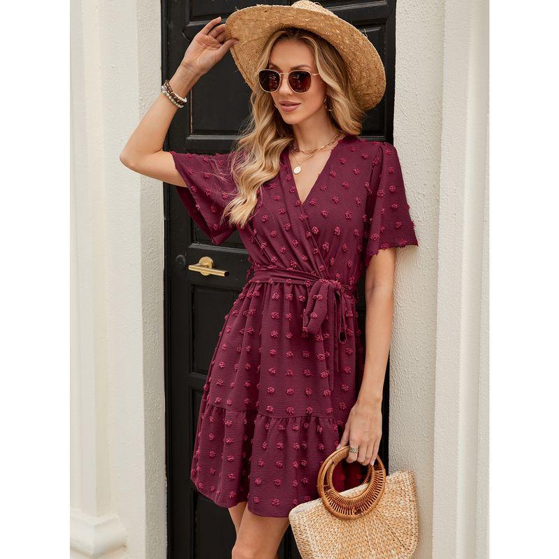 

Fashion Style Fashion Elegant Hot Sale Fur Ball Lotus Leaf Sleeve V Neck Waist Trimming Lace up Spring and Summer Tea Break Dress Burgundy L