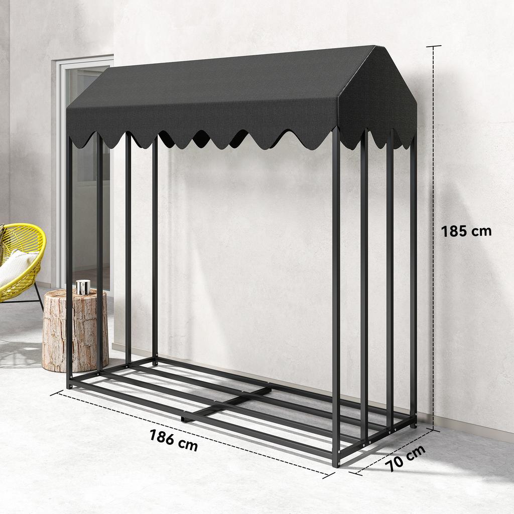 Outdoor Log Storage Rack, Cover, 600D Oxford, 1.9 m³, Steel, 186 x 70 x 185 cm, Black