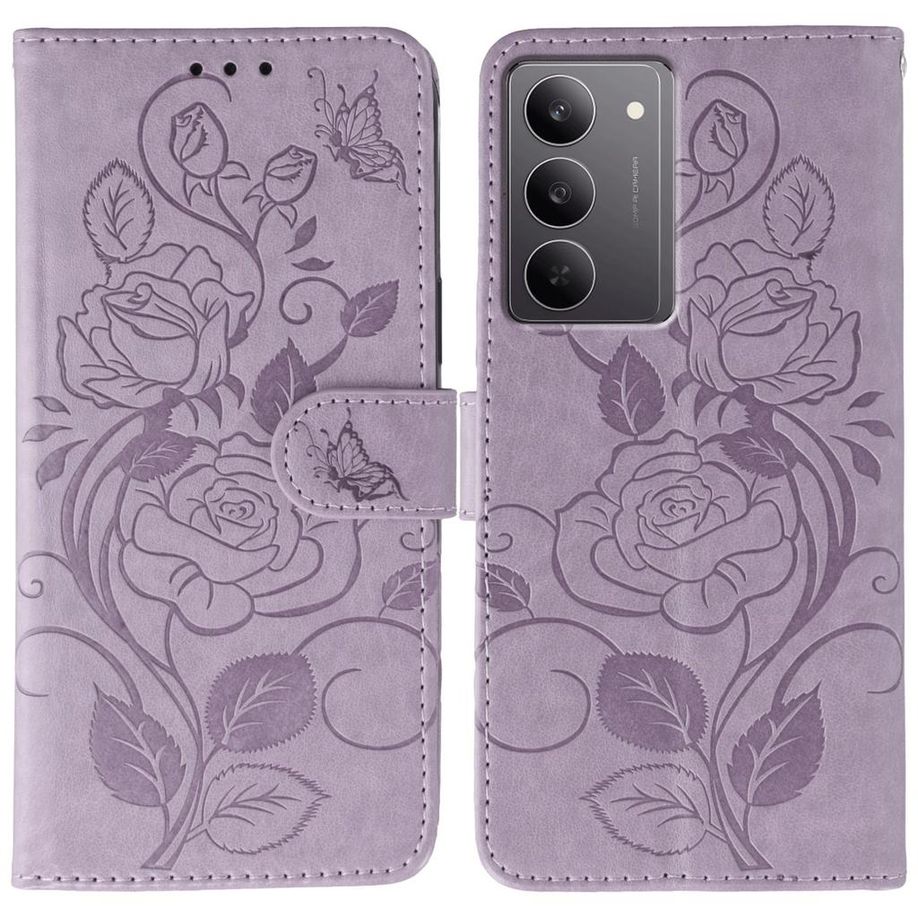 For Realme 14x (India) 5G Case Wallet Stand Imprinted Rose Butterfly PU Leather Phone Cover