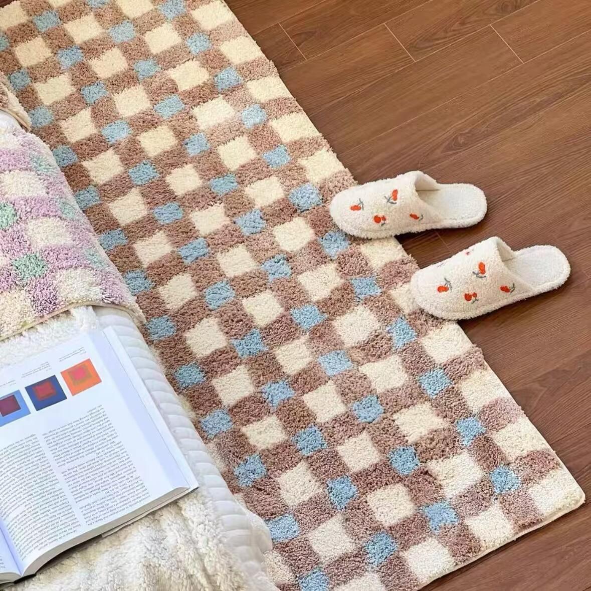 

Флокированный прикроватный коврик, ковер для спальни, гостиной, нескользящий, декоративный ковер для ванной комнаты, шахматный плюшевый коврик для ног 50x150cm синий