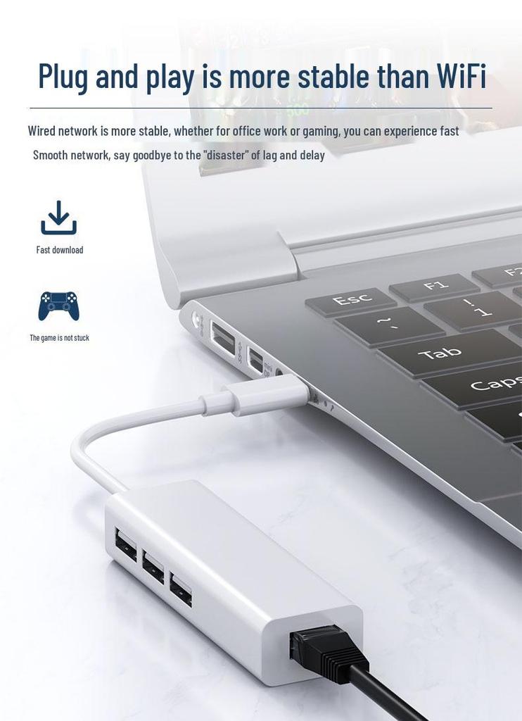 RJ45 Type-C To Ethernet USB 2.0 Hub, Driver-Free 100 Mbps Network Card Converter.