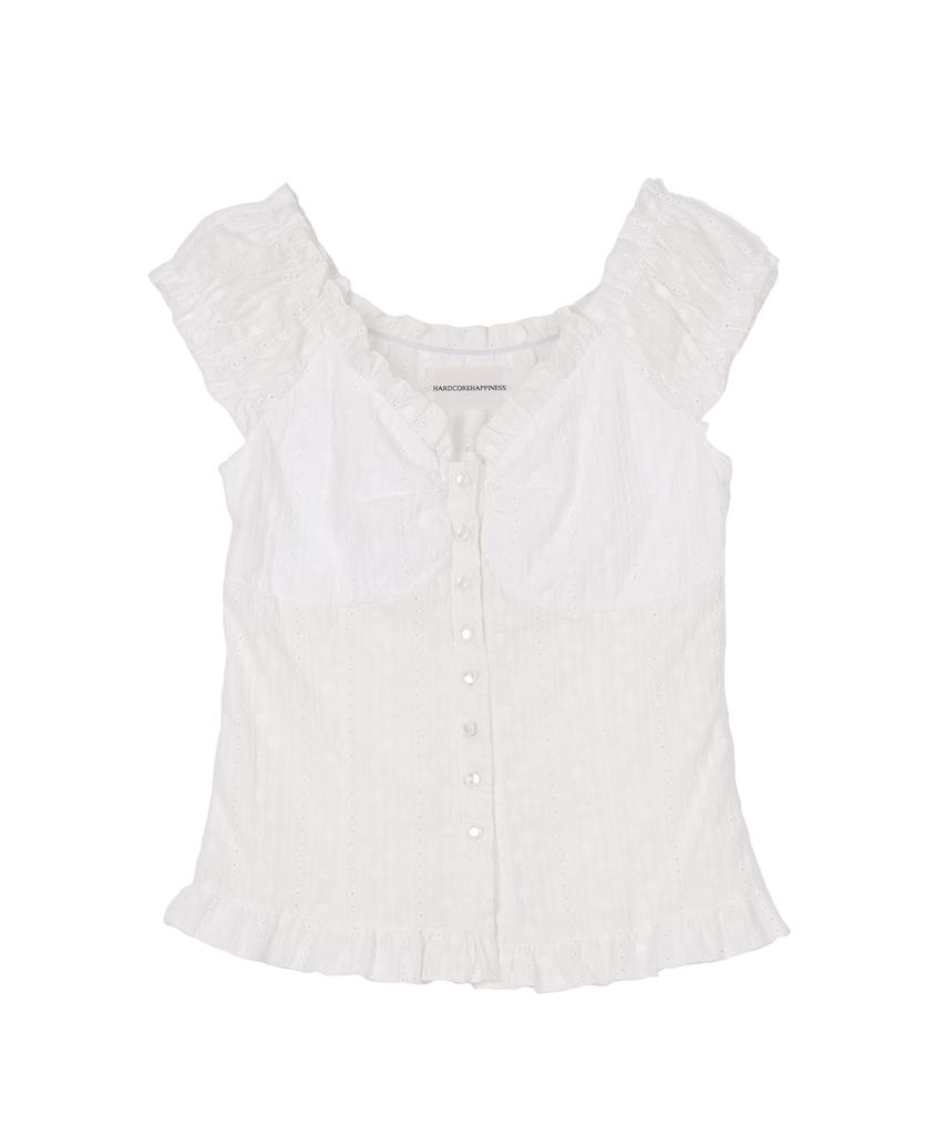 HARDCORE HAPPINESS Wave Shirred Puff Blouse Flower_White
