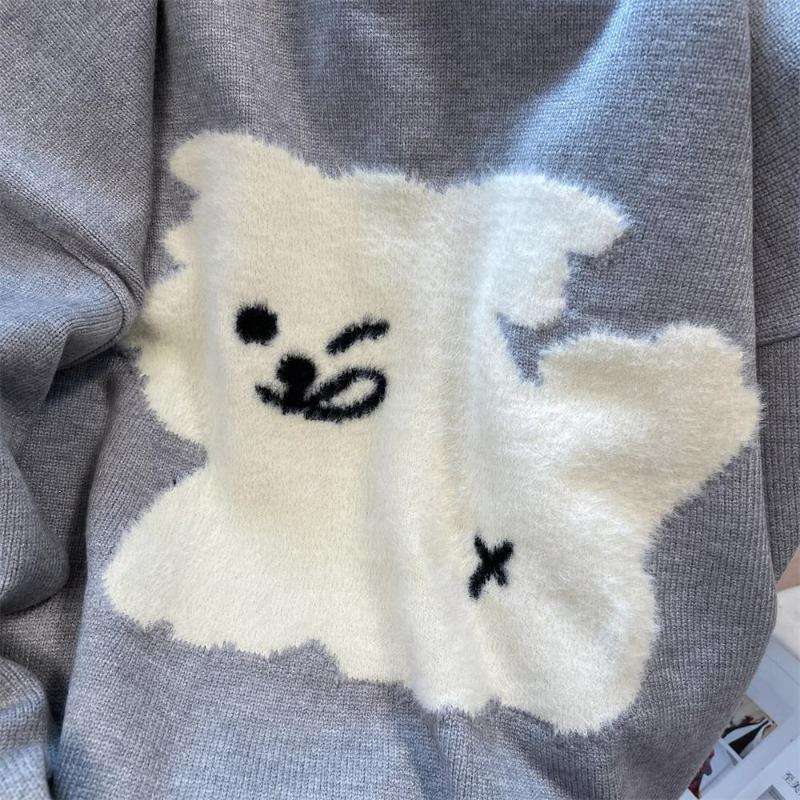 Dámský svetr žakárový s malým psem s kulatým výstřihem a dlouhým rukávem pletený svetr korejský styl roztomilý volný ležérní dámský pulovr top