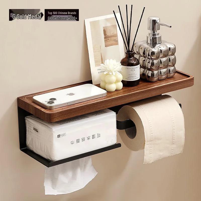 Goldenhome Mid-Century Walnut Bathroom Tissue Holder with Shelf