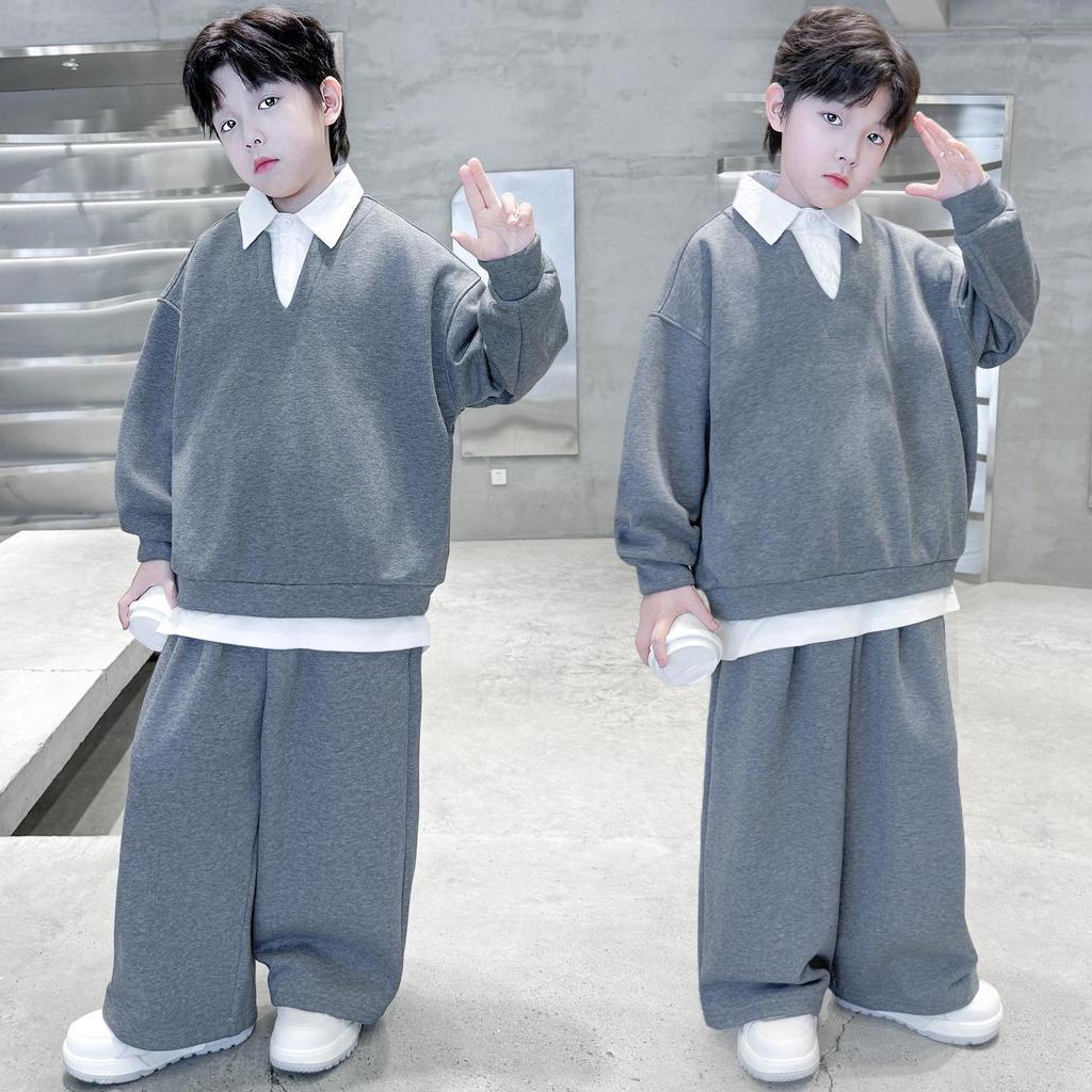 2025 Boys' Spring & Autumn Two-Piece Set - Fashionable Shirt Collar & Knitted Design