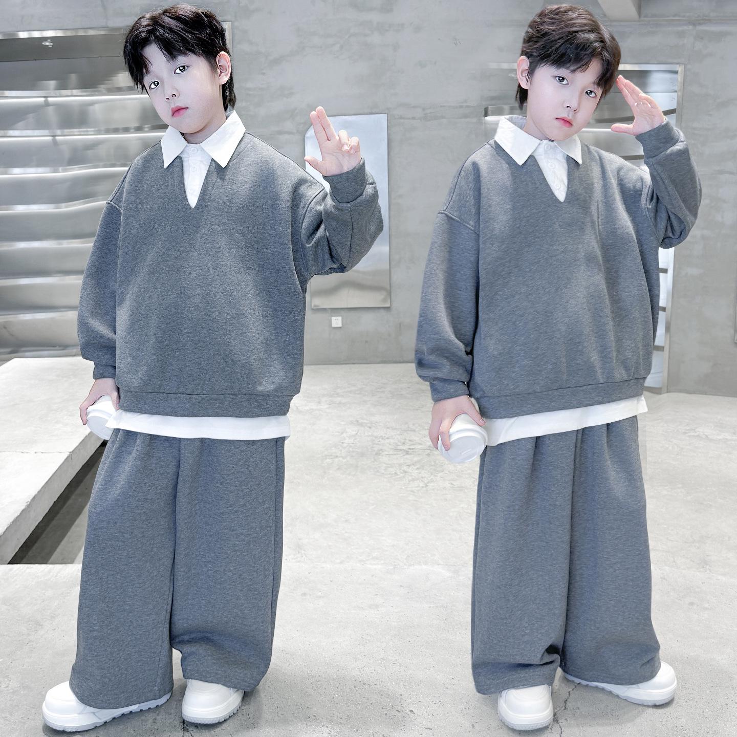 

2025 Boys Spring & Autumn Two-Piece Set - Fashionable Shirt Collar & Knitted Design 160 cm