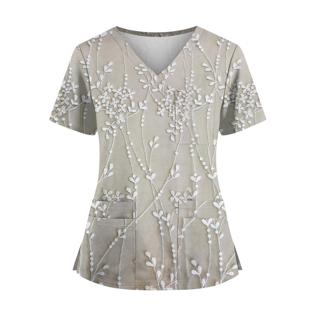 Plus SizePrinted Scrub Working Uniform Tops For Women's Cross V-Neck Halloween Print Short Sleeve Fun T-Shirts Workwear Tee With Pockets