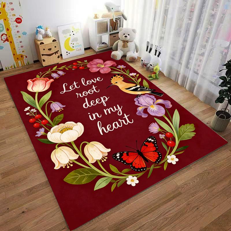 Colorful Floral Carpet with Bird, Butterfly, and Heartfelt Quote Design Suitable for Use As an Anti-slip for Living Room Bedroom Sofas