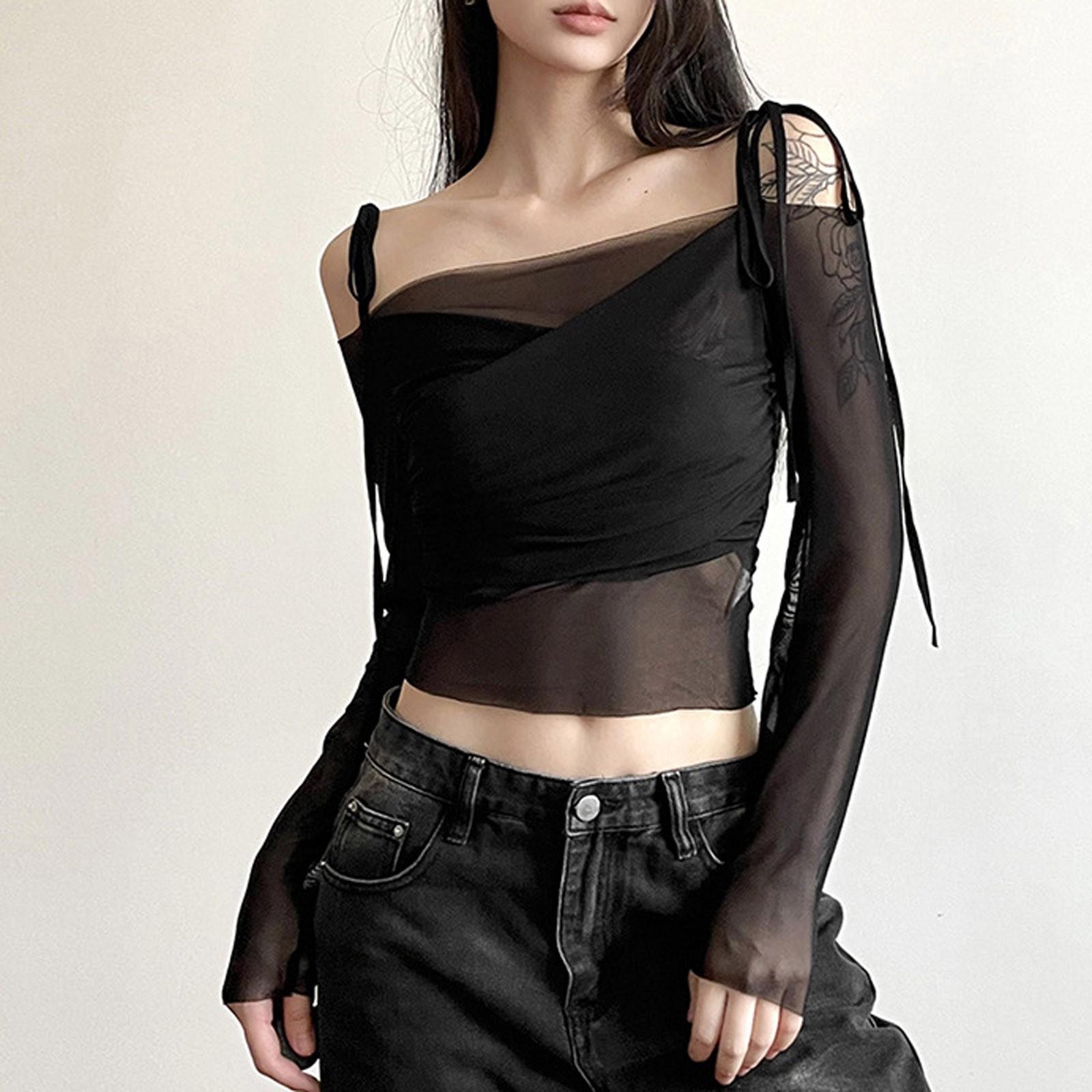 

Жіноча приталена футболка з одним коміром і довгими рукавами, талією та відкритим пупком L чорний