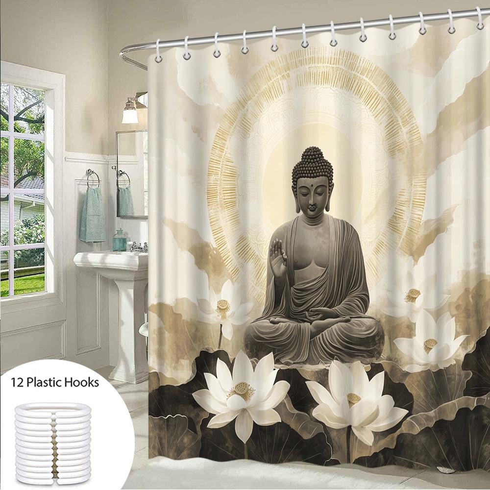1pc Large Buddha Meditation Shower Curtain with Lotus Flower & Zen Buddhist rt - Beige/Brown/White Spiritual Bathroom Decor