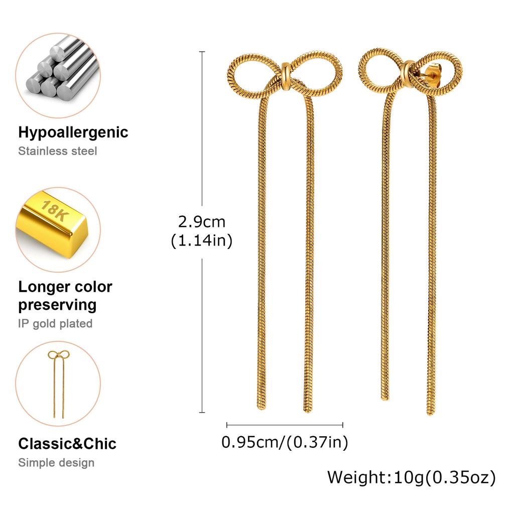 Vnox Long Snake Chain Tassel Bow Earrings for Women Vintage Gold Color Stainless Steel Bowknot Drop Earring Statement Jewelry