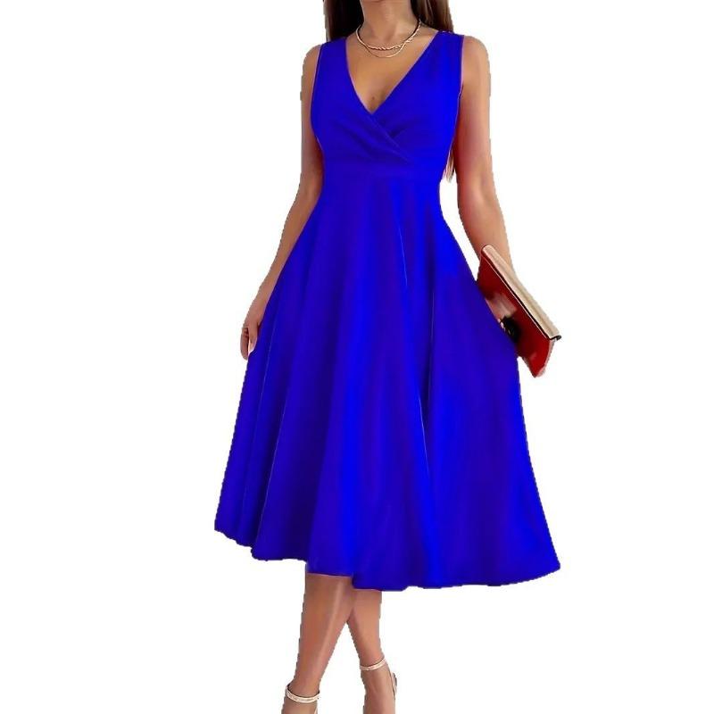 Women Sleeveless V Neck Solid High Waist Midi Casual Evening Dress