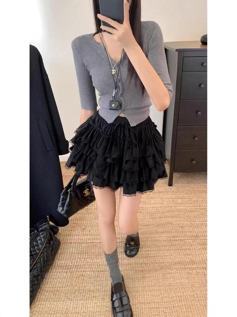 2026 Spring/Autumn Korean Lace-Trim High-Waist Slimming Short Ballet Skirt for Women