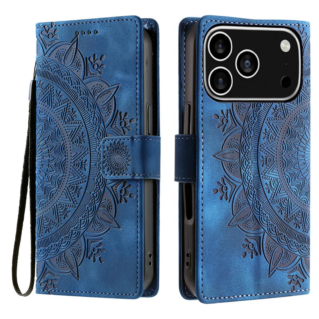 For iPhone 17 Pro Case Imprinted Totem Skin Feel Wallet Leather Phone Cover with Hand Strap