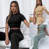New Women's Casual Lounge Set High Stretch Slimming Short Sleeve Wide Leg Pants 2 Piece Outfit Solid Color Fashion