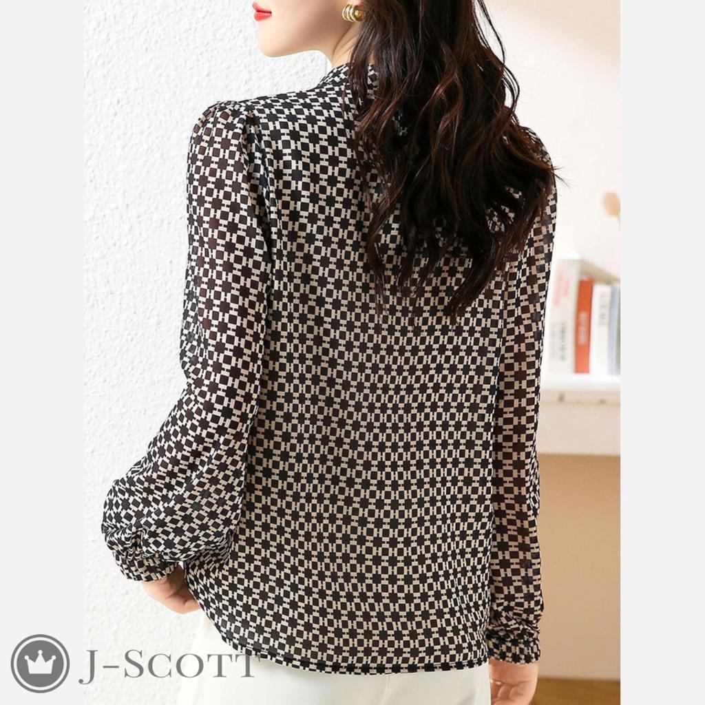 Printed Long Puff Geometric Sheer Stand Korean Tall Sweet and Spicy Mix Design Short Looks Silky Summer Looks Looks Designed Fashion [J-Scott] Blouse,