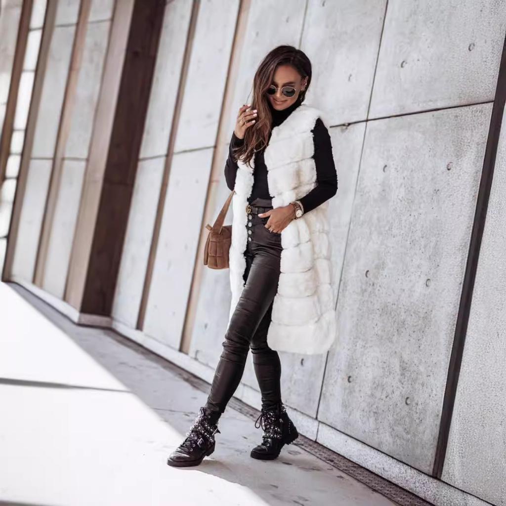Women's Winter Autumn Long Faux Fur Vest Sleeveless Jacket Casual Outerwear For European American Style
