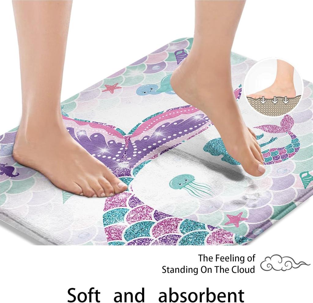 Artsocket Pink Mermaid Tail Scales Bathroom Set With Shower Curtain And Rugs Accessories Sea Turtle Seahorse Octopus Conch Showe