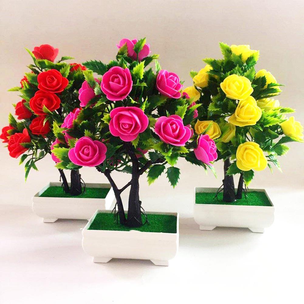 Artificial Flower Plant Rose Potted Bonsai Office Garden Desktop Ornament Decor
