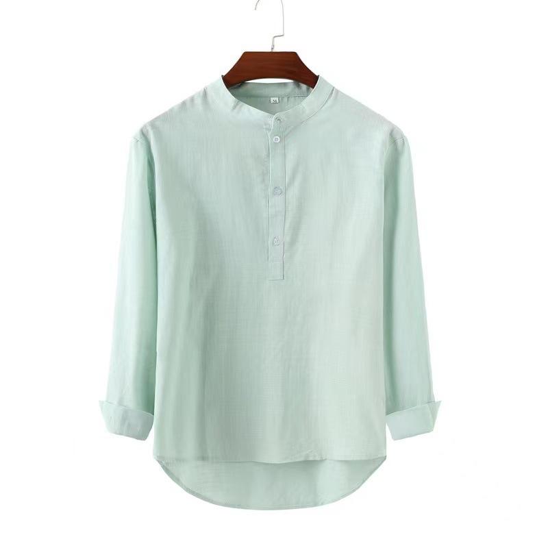 

Men Solid Color Single Breasted Stand Collar Cotton Linen Blend Shirt XXL