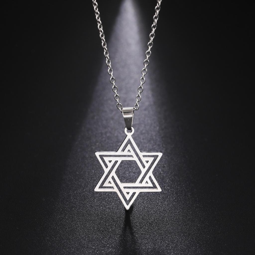 Je Bible Stainless Steel Hexagram Chain Necklace Women Men Cutout Star of David Hexagon Choker Necklace Mezuzah Jewelry