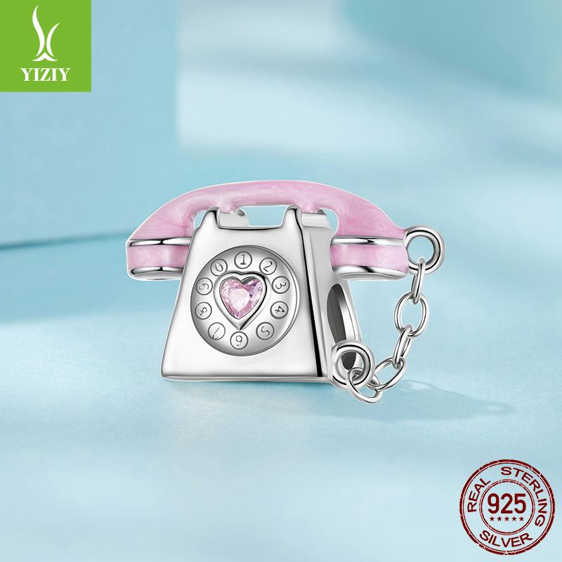 Pink Vintage Phone Diy Beaded Accessories Sweet Girly Heart Landline S925 Sterling Silver Beaded