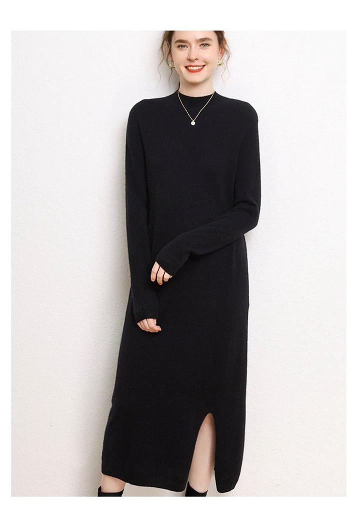 2025 Autumn/Winter Women's Slim Fit High Neck Cashmere Knit Long Sleeve Dress