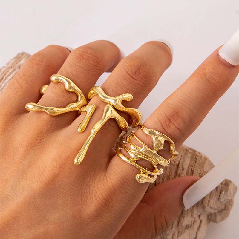 4Pcs/Set Fashion Copper Color Irregular Geometric Open Rings For Women Men Punk Metal Adjustable Knuckle Joint Ring Zircon