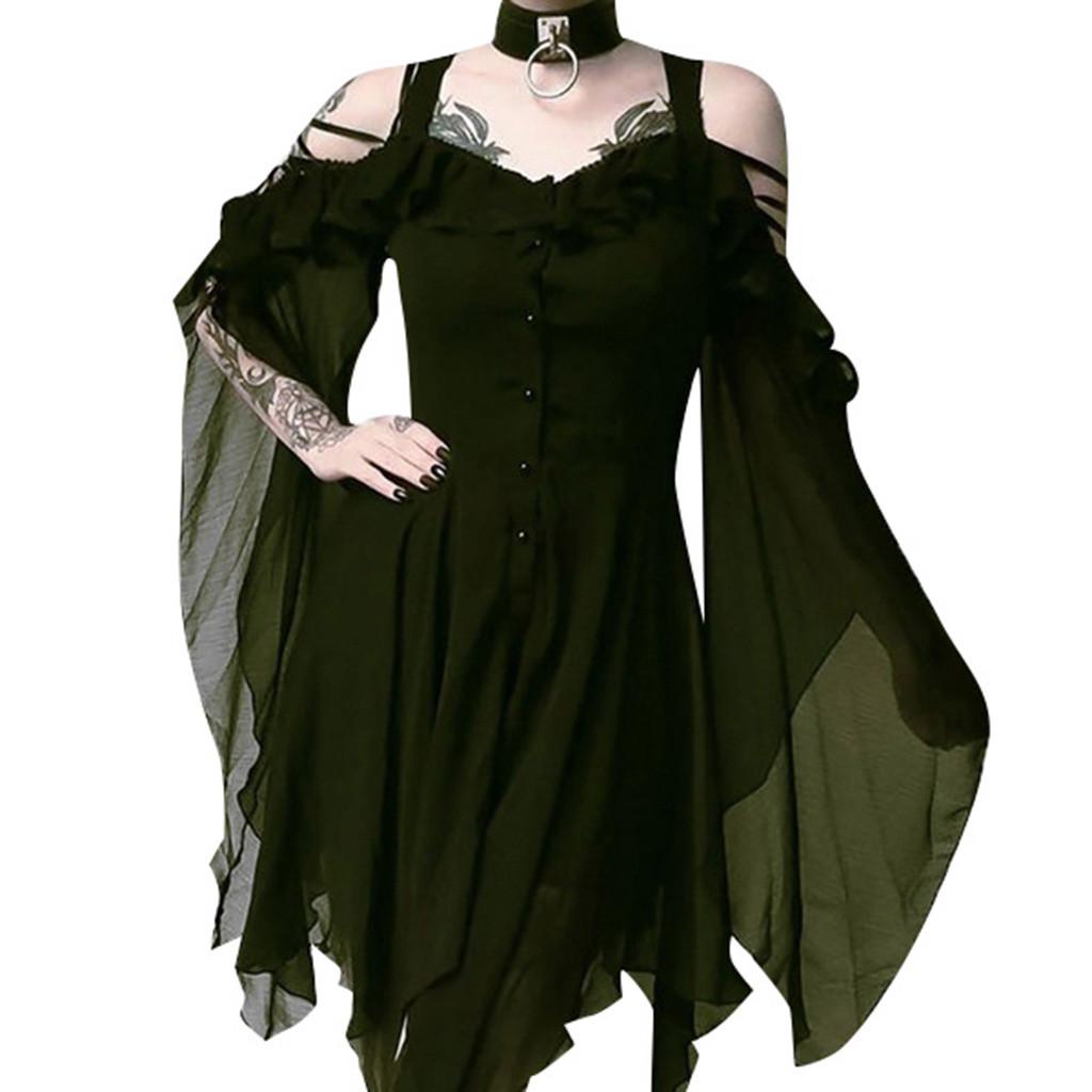 Damenmode Dark In Love Rüschenärmel schulterfreies Gothic-Midikleid