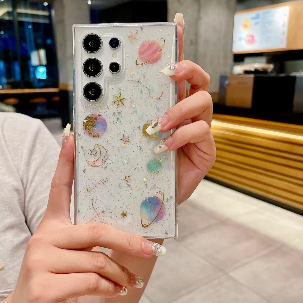 Clear Silicone Glitter Star Planet Case For Samsung Galaxy S24 S23 Plus Ultra FE A55 A35 A25 A15 A54 A34 A14 A05 A04S Soft Cover