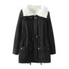 Winter Women Jacket Thickened Plush Turn-down Collar Long Sleeves Elastic Waist Pockets Zipper Closure Coat Mid Length Windproof Warm Coat