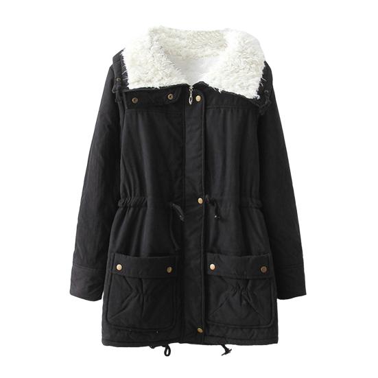 Winter Women Jacket Thickened Plush Turn-down Collar Long Sleeves Elastic Waist Pockets Zipper Closure Coat Mid Length Windproof Warm Coat
