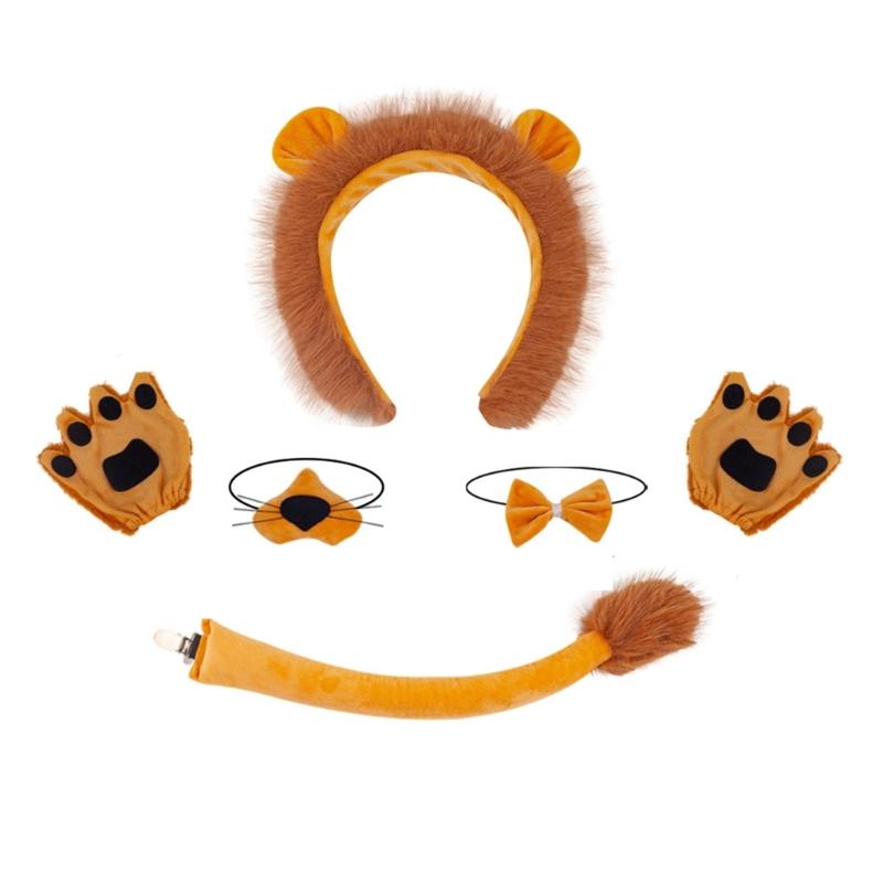 Kinder Süßes Löwen-Cosplay-Set Löwenohren Stirnband Schwanz Löwenpfoten Handschuhe Fliege Tüllröcke Halloween Kostüm