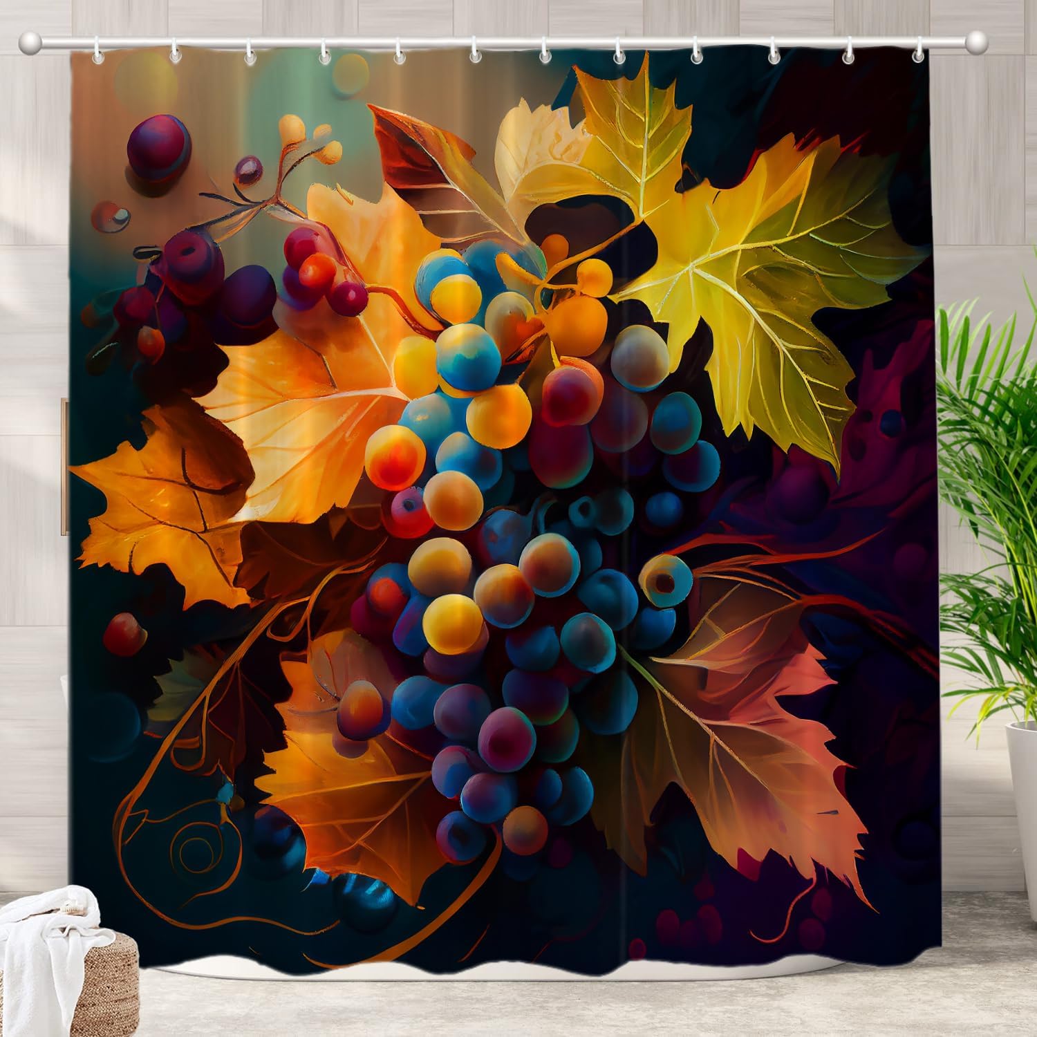

Watercolor Autumn Grapes Leaves Pattern Waterproof Polyester Shower Curtain 180x180 Nature Fruit Print Bathroom Decor with Hooks 90x180cm35x71in