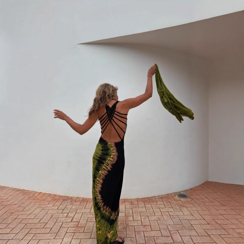 2025 Summer European & American Women's Printed Strap Backless Dress