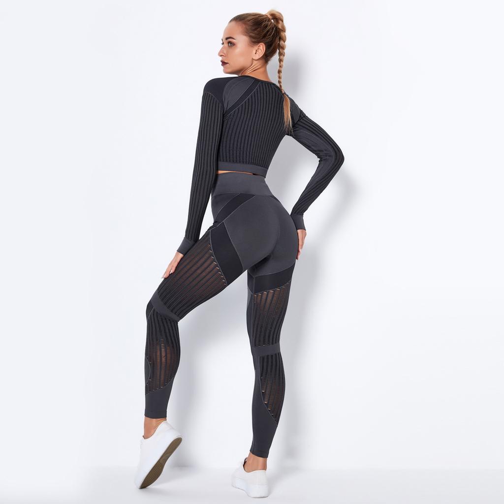 Seamless Yoga Clothes, Quick Drying Clothes, Perky Buttocks, Tight Stripes, Hollowed Out Fitness Pants, Two-Piece Set For Women