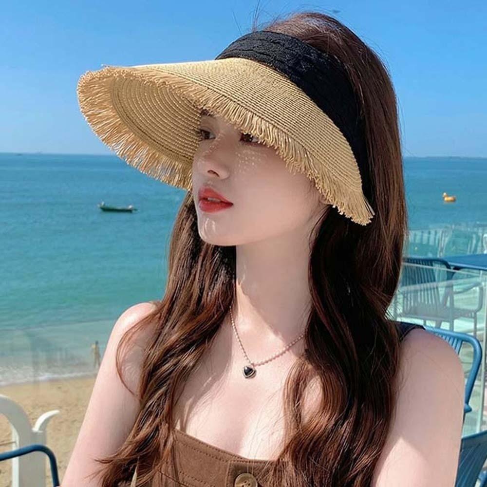 Portable Straw Visor Cap Solid Color Sunscreen Empty Top Hat Folding Sunshade Hat  Travel