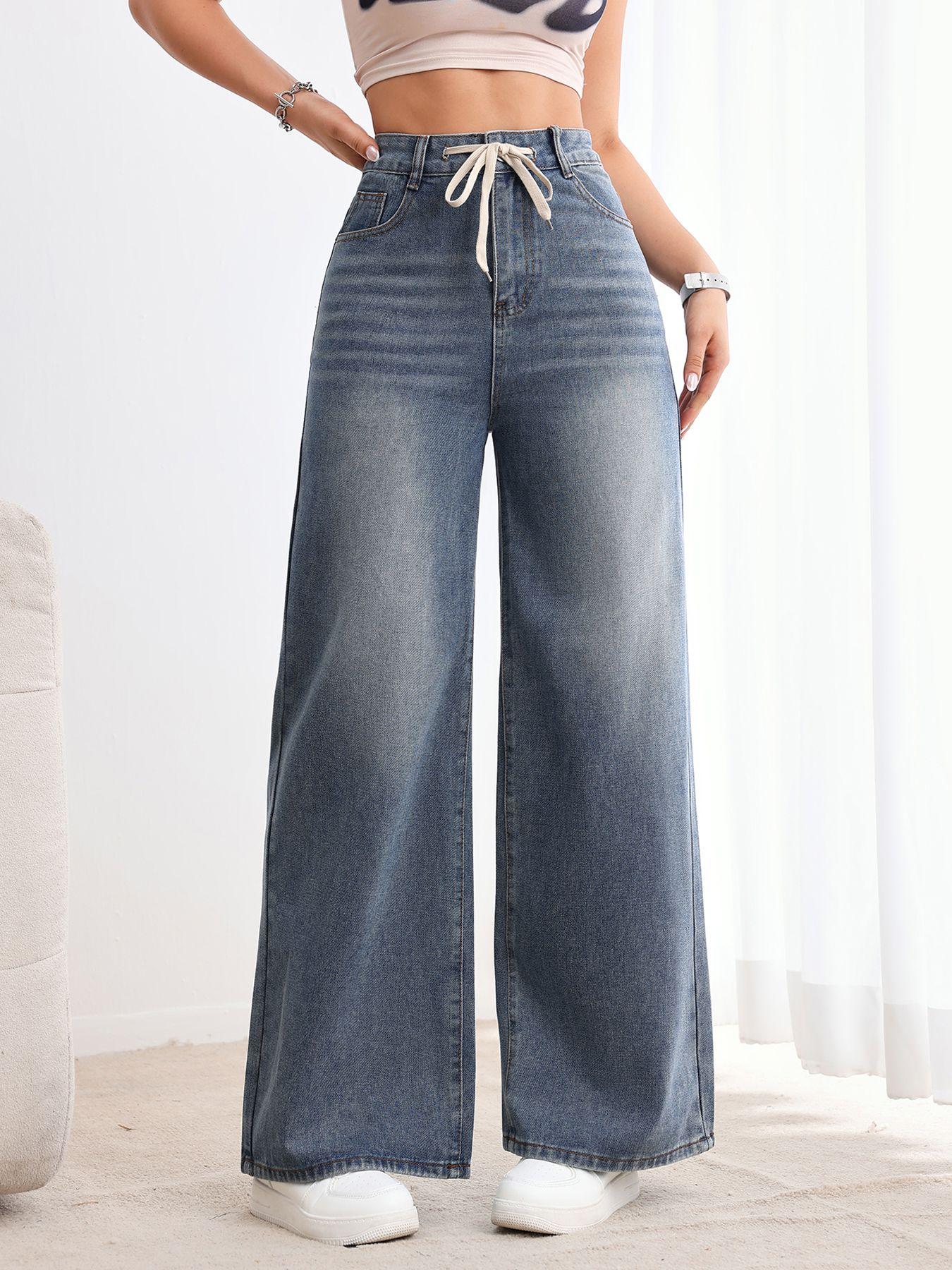 

Puffanpop Women s Wide Leg Jeans High Waisted Denim Pants Loose Straight Boyfriend Jeans Plus Size Weekend Casual Drawstring Denim Trousers XXL синій