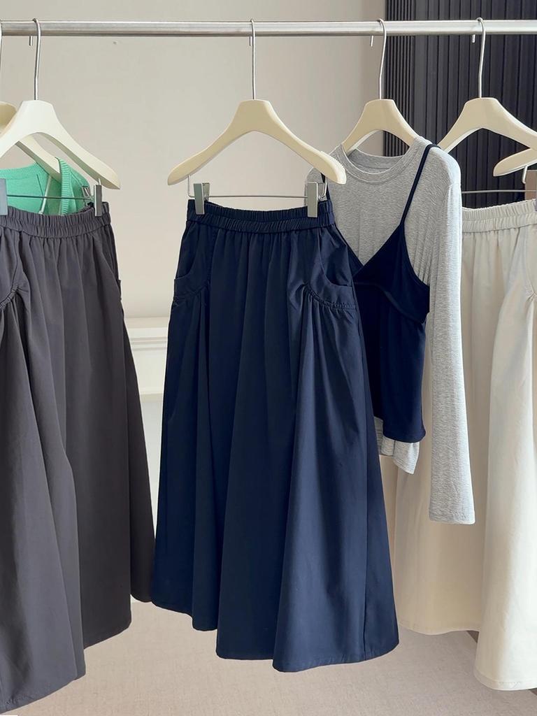 2026 Women's Mid-Length A-Line Skirt – Elastic Waist with Pockets, Loose Fit for Spring/Autumn