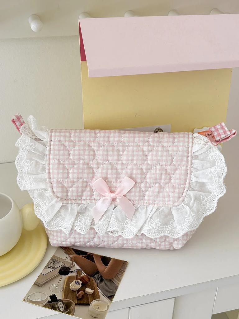 Cute Girls Quilted Cotton Crossbody Bag Outdoor Portable Student Ladies Storage Handbags Bow Lace Plaid Women Shoulder Bags