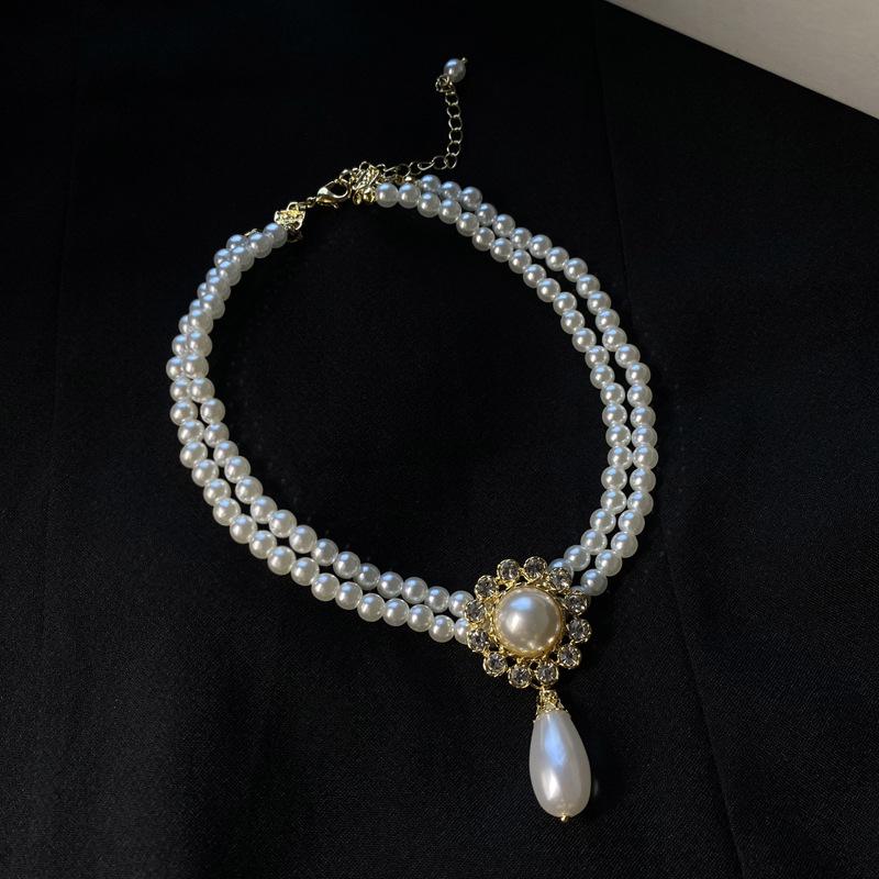 Koreaanse Retro Parel Strass Kwast Choker met Bloem Strik Design