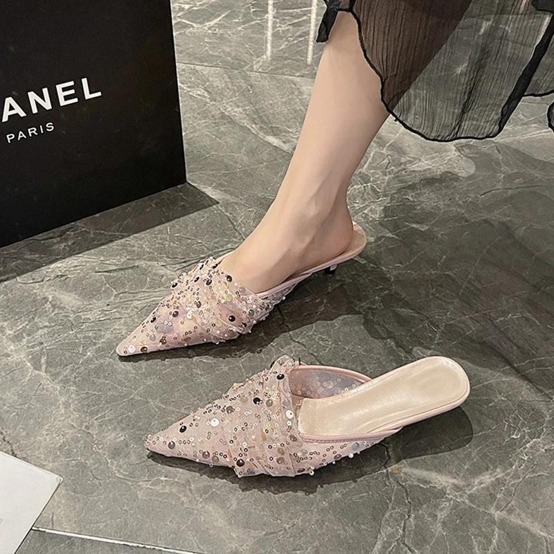 Fashion 2024 Fashion Women's Shoes Baotou Women's Slippers High Quality Sequins Dress Slippers Women Sexy Pointed Toe Heels Womenzapatos